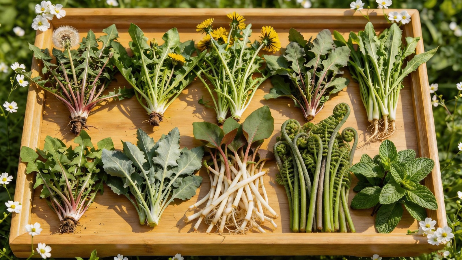 木质托盘上摆放的各种新鲜山野野菜，种类繁多