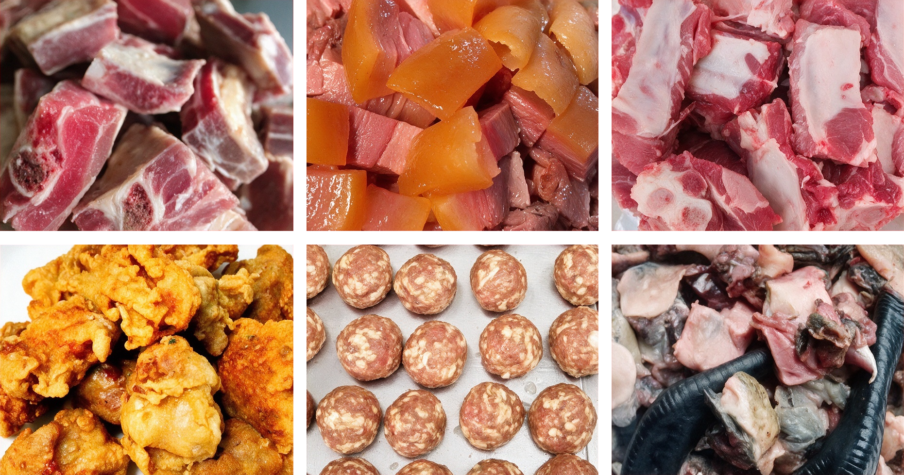 农家腊味生鲜食材拼图：腊排骨、腊肉、肉丸等